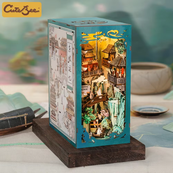 CUTEBEE Buchnochen-Set im chinesischen Stil Su Dongpo's Life Story DIY Puppenhaus mit Touch-Licht, Staubschutz, antike Bücherregal-Dekoration