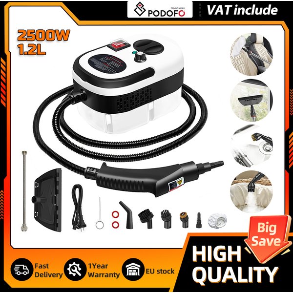 Nettoyeur vapeur portatif Podofo 2500W, réservoir de 1,2L, 6 vitesses, 11 accessoires pour la maison, la cuisine, la salle de bain et la voiture