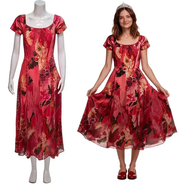 Patricia Moyer Widow's Bay Cosplay-Kleid für Damen, Rotes Blumenmuster-Midikleid, Quadratischer Ausschnitt, Kurze Ärmel, Kostüm für Halloween-Verkleidung