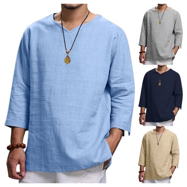 Men's New 3/4 Sleeve Loose Solid Casual Large Pullover Shirt