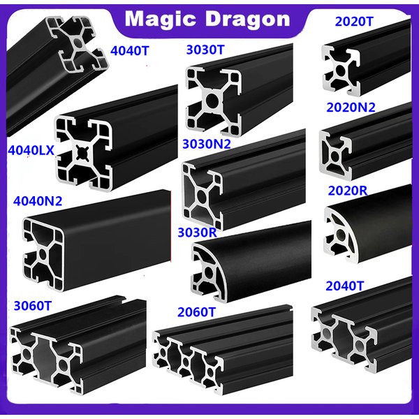1 Stück schwarze anodische Oxidation 2020 2020N2 2020R 2040 2060 3030 3030N2 3030R 3060 4040 4040R N2 T-Nut Aluminiumprofil EU-Standard