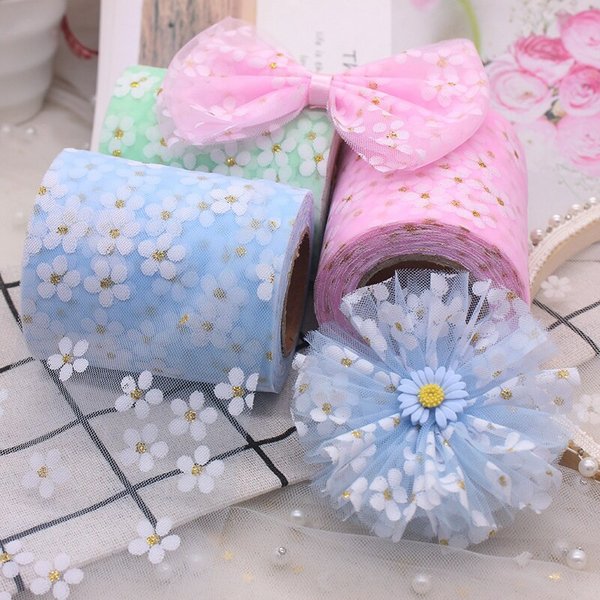 Rouleau de ruban marguerite en Tulle, 6cm, 5Yards, rubans artisanaux pour emballage d'arc cadeau, fleurs de cerisier, fournitures en tissu maille imprimé