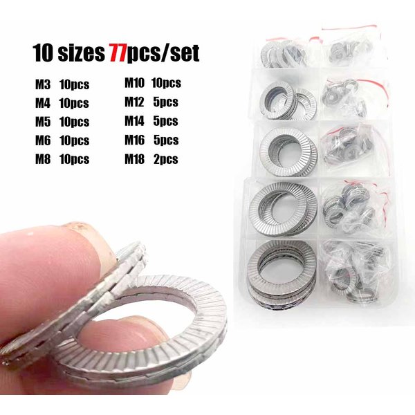 77 teile/satz m3 bis m18 304 Edelstahl din25201 Doppel deck selbstsicher nde Unter leg scheibe Keil lose stoß feste Dichtung Sortiment Kit