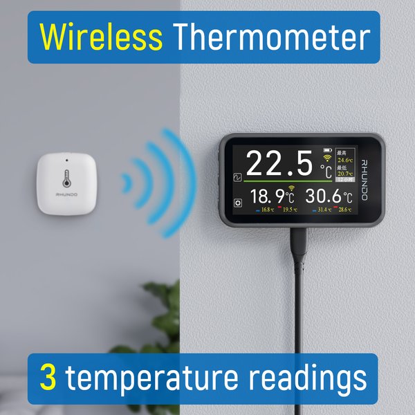 RHUNDO Kabelloses Thermometer mit 3 Wasserdichten Sensoren, 1,9 Zoll IPS-Display, Temperaturmonitor für Außenbereich, Auto, Zuhause, Aquarium, Reptilien