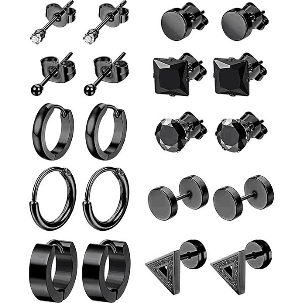 10 pairs of men's fashionable and minimalist black 2mm zircon stainless steel earring set