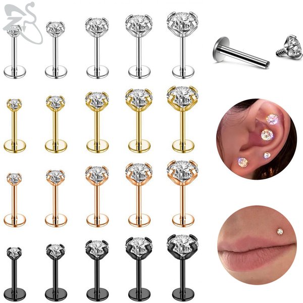 ZS 10 pièces/lot 16G/18G 316L acier inoxydable Labret lèvre Piercing ensemble hommes CZ cristal oreille Cartilage Tragus Helix Piercings 6/8/10MM