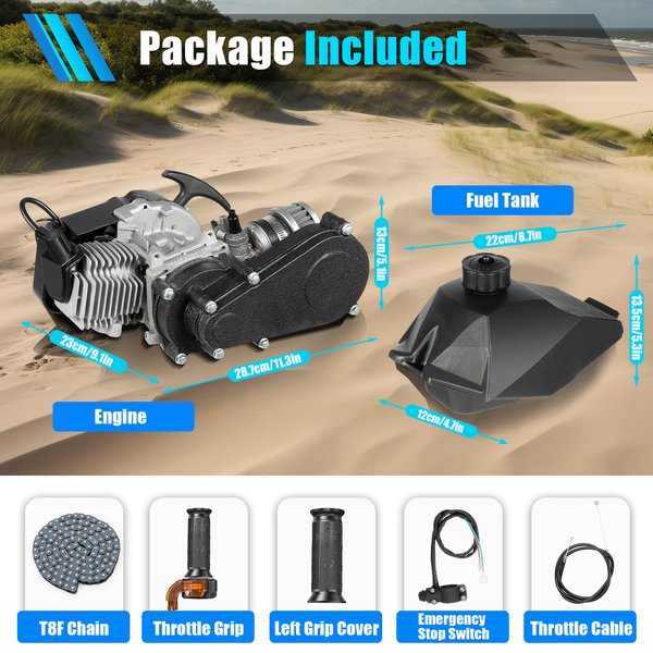2-Takt Luftgekühlter Seilzugstartmotor 1,9KW 3PS mit CVT-Getriebe und Kraftstofftank, Passend für Mini Dirt Bike, Pocket Bike, ATV, Roller