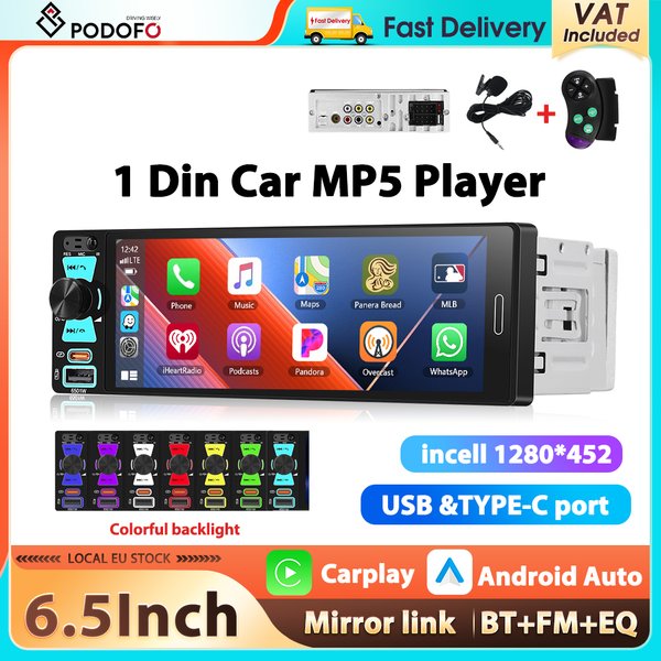 Podofo 6,5'' 1Din Autoradio Kabelloses Carplay Android Auto Multimedia-Player FM/AM/RDS Mirror Link Bluetooth USB & TYPE-C Auto-Audio