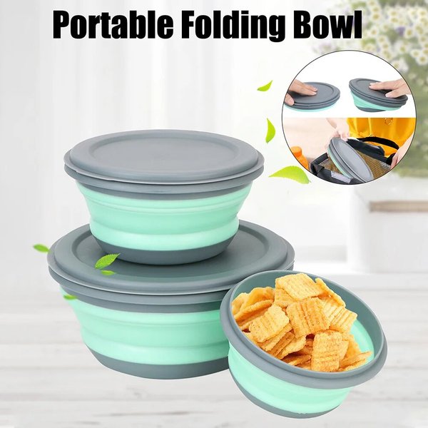 3 Pièces Silicone Pliant Bols avec Couvercle Pliable Boîte À Lunch Portable Saladier Ensembles