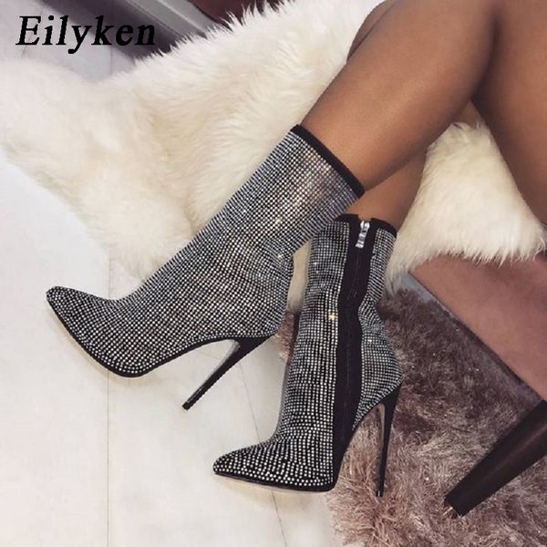 Eilyken Crystal Rhinestones Woman Ankle Boots Zipper Pointed Toe High Heels Sexy Modern Booties For Females Shoes