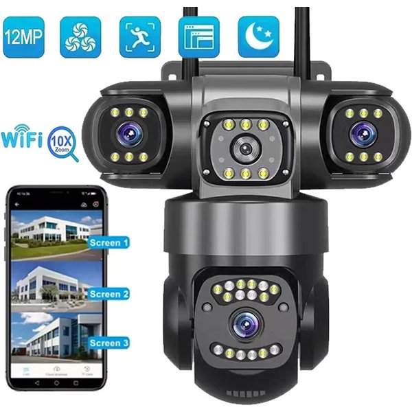 12MP WLAN IP-Kamera für Außenbereich mit Drei Objektiven, KI-Tracking, PTZ, 10-fach Zoom, Kabellose Sicherheits-CCTV-Videoüberwachung