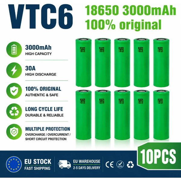 VTC6 18650 Li-Ion 3000mAh 3.7V 30A Akkupack mit 10-50 Stück – EU-Lagerbestand, schneller Versand, für Elektrowerkzeuge & Taschenlampen