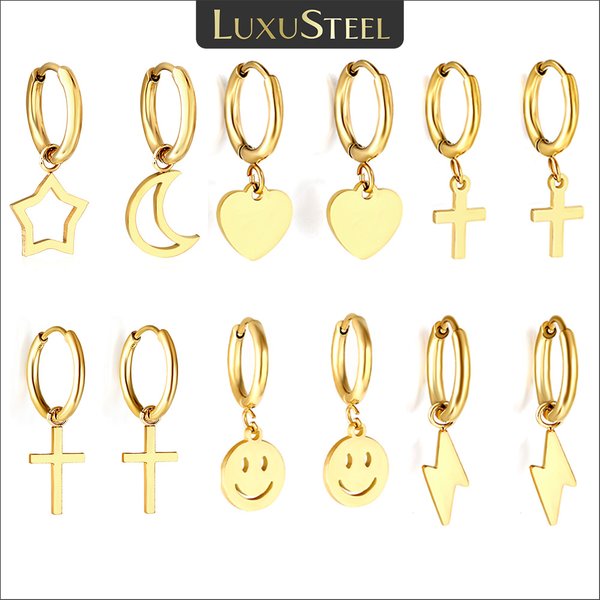 LUXUSTEEL Simple géométrique charme suspendus boucles d'oreilles femmes hommes en acier inoxydable Huggies avec coeur étoile lune croix Pendientes