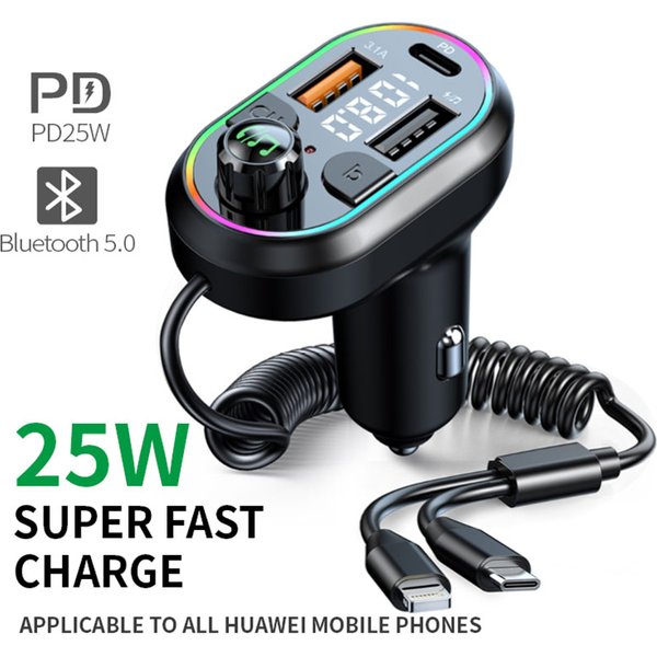 Transmetteur FM Bluetooth 5.0 pour voiture, récepteur Audio sans fil, lecteur MP3 25W PD, Charge rapide avec Port Apple type-c, câble de Charge