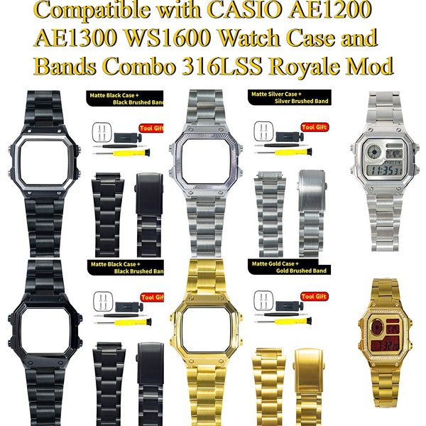 Royale Mod for Casio AE1200 AE1300 WS1600 Watch Case and Bands 316LSS Bracelets Combo Soild Watch Strap K1 Mineral Glass Modify