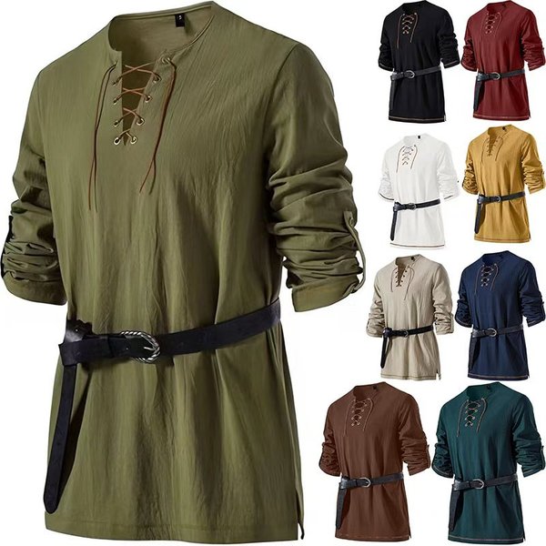 Mittelalterliches Schnür-Tunika-Hemd für Herren, Renaissance-Wikinger-Piratenkostüm, langärmliges Retro-Oberteil mit Gürtel für Halloween-Cosplay