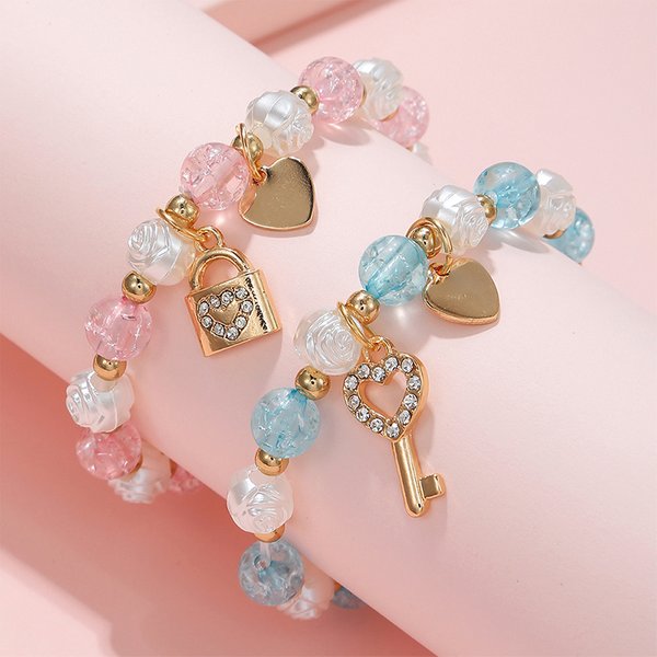 2pcs/set Handmade Key Lock Heart Charm Stretch Beads Bracelet for Girls Friendship Party Birthday Jewelry Gift