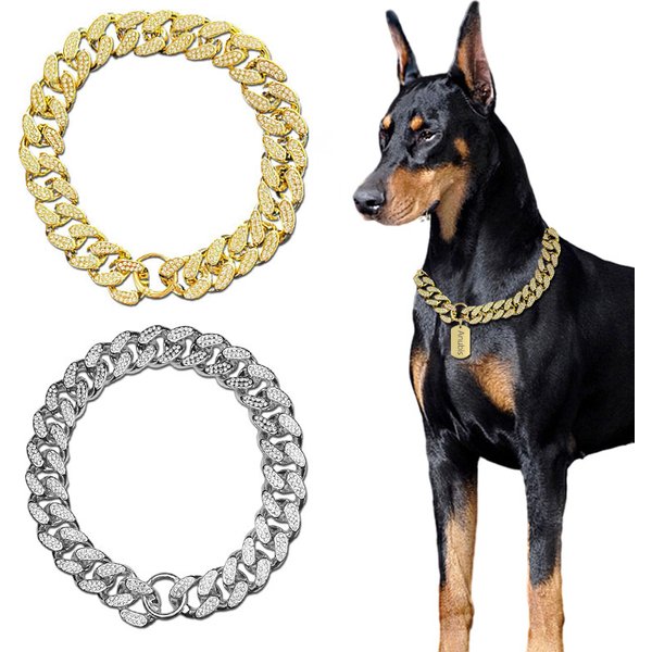 ABS Plastic Dog Collar Chain Diamond Inlay Sparkle Bulldog Necklace Cat Collars Pet Accessories Small Medium Large Dogs Golden