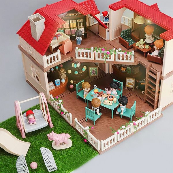 SENGTONGLEHOUSE-A08 DIY Zusammenbaubares Puppenhaus Villa Großes Haus Rollenspielzeug für Mädchen Simulation Waldfamilien-Hütte Puppenhaus-Spielset Kinder Geburtstagsgeschenk
