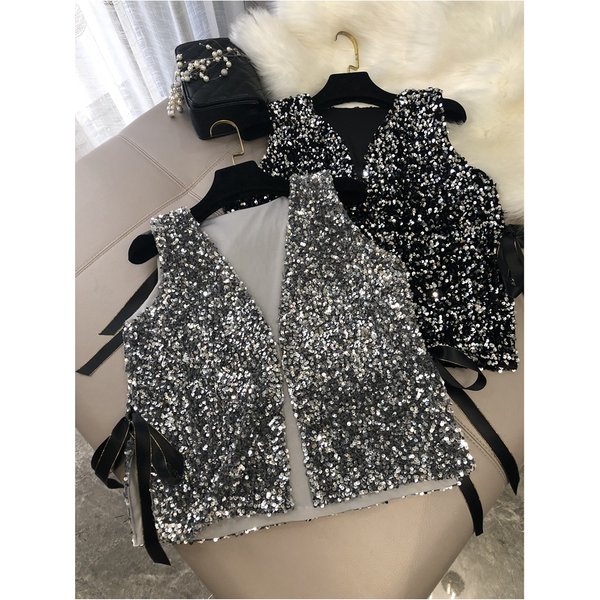 Gilet à paillettes scintillantes pour femmes, nouvelle industrie lourde, ample, dentelle courte, cent chemises assorties, petits hauts Cardigan