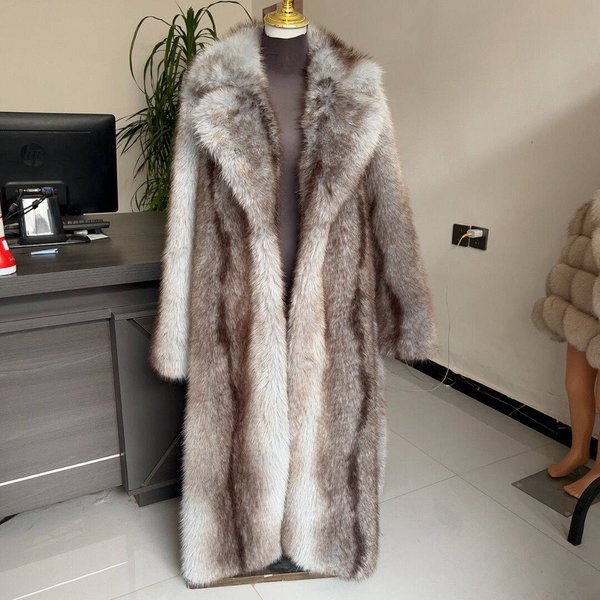 LHXDW New Style Women's Faux Fur Coat Long Waistband Design New Style with Black Imprint and Large Collar Faux Fur Jacket
