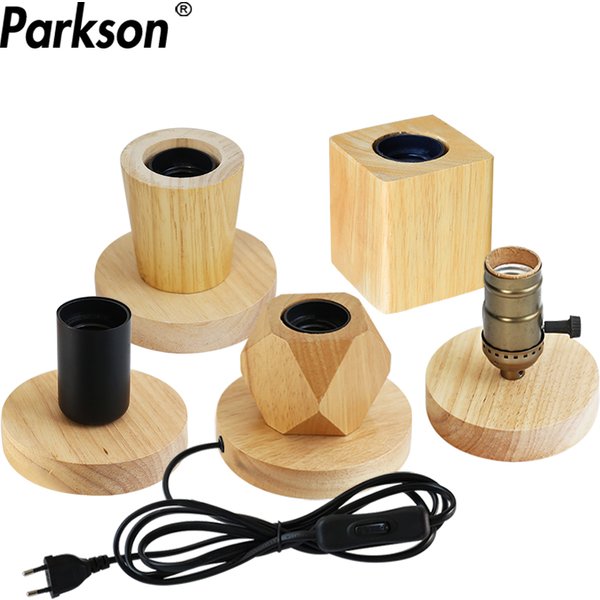 220V 110V Retro Wood Table Lamp E27 Socket Vintage Desk Lamp Base Holder EU Plug Bedside Lamp Decor Wooden Base Table Light