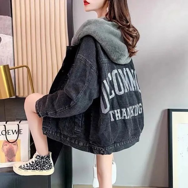 Veste en jean à capuche pour femme, vêtements en coton chaud, broderie adt, plus velours, UNIS issement, hiver, 2022, Ins Tide, W228