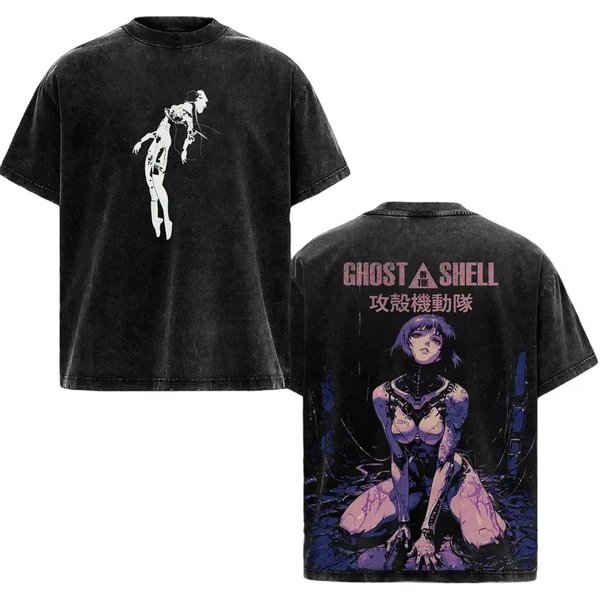 The Ghost in The Shell Motoko Kusanagi Grafik-Print T-Shirt für Männer und Frauen, Lässiges Oversized Kurzarm Retro Gewaschenes Baumwoll-Top
