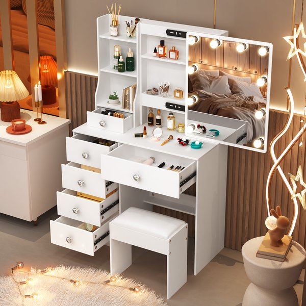 White Dressing Table Vanity Set with Sliding Mirror Frame 3-Color Dimmable LED Lights, 6 Drawers & Stool Ideal Gift Makeup Desk