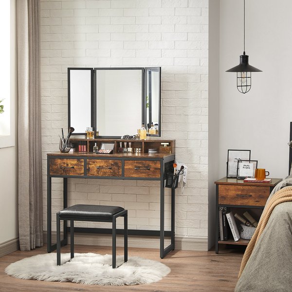 VASAGLE-Coiffeuse avec miroir pliant, support pour sèche-cheveux, tabouret rembourré