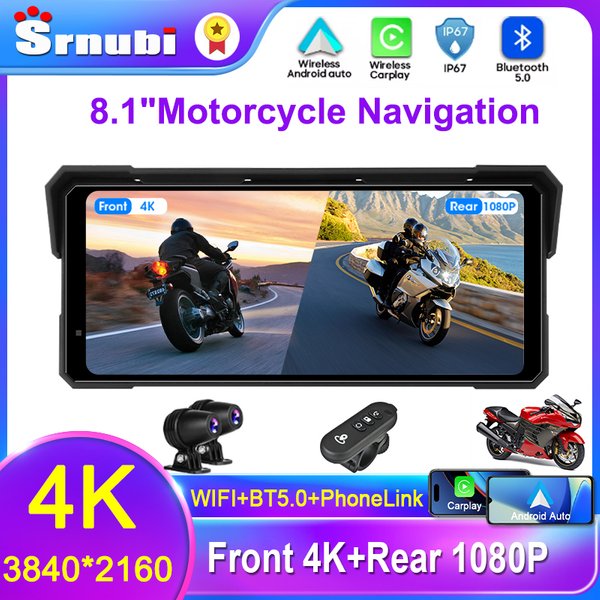 Srnubi 5/8.1 pouces moto Navigation avant 4K + arrière 1080P DVR IPX7 étanche Portable Carplay/Android Auto Bluetooth moniteur