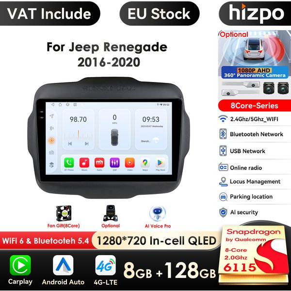 7862 Carplay 4g-lte 9 "Autoradio Android für Jeep Renegade 2013-2017 Multimedia-Player Navigation GPS 2 Din Stereo DSP Autoradio