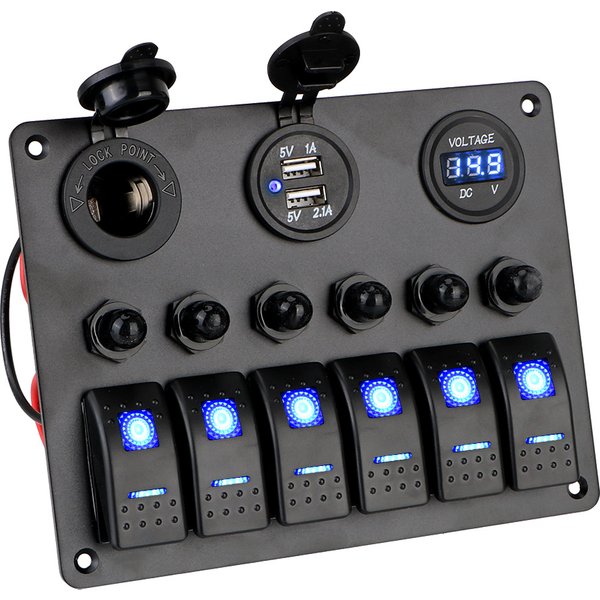 DC 12V/24V Dual USB Ports Digital Voltmeter Aluminum Panel Car Marine Boat Circuit LED Breaker 6 Gang Rocker Switch Panel
