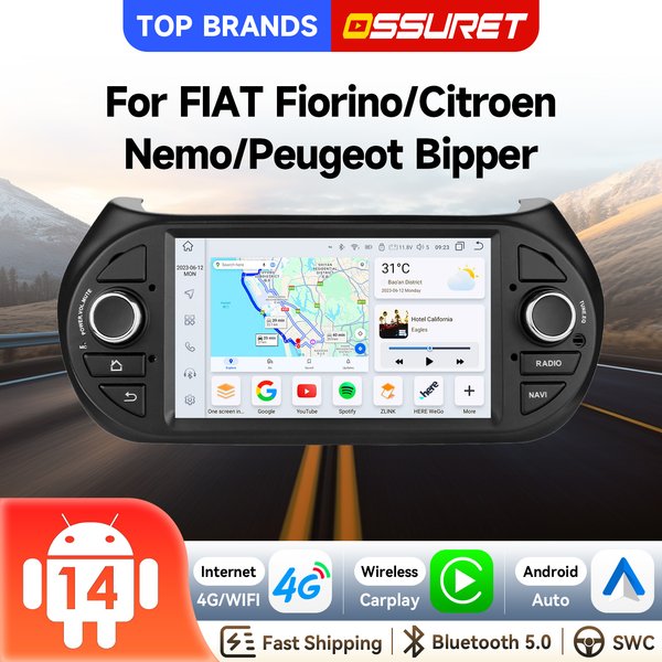 OSSURET Schneller Versand 7 Zoll Android 14 Autoradio für Fiat Fiorino Qubo/Citroen Nemo/Peugeot Bipper 2008-2017 GPS-Navigation DSP Audio Split Screen AHD CAM KI-Sprachsteuerung Kabelloses Carplay