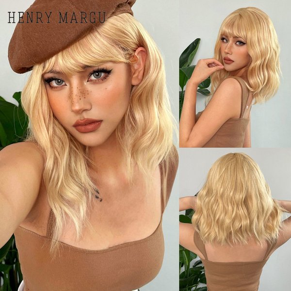 HENRY MARGU perruques ondulées blondes courtes avec frange synthétique Bob perruque Blonde claire vague lâche femmes perruque de fête résistant à la chaleur faux cheveux