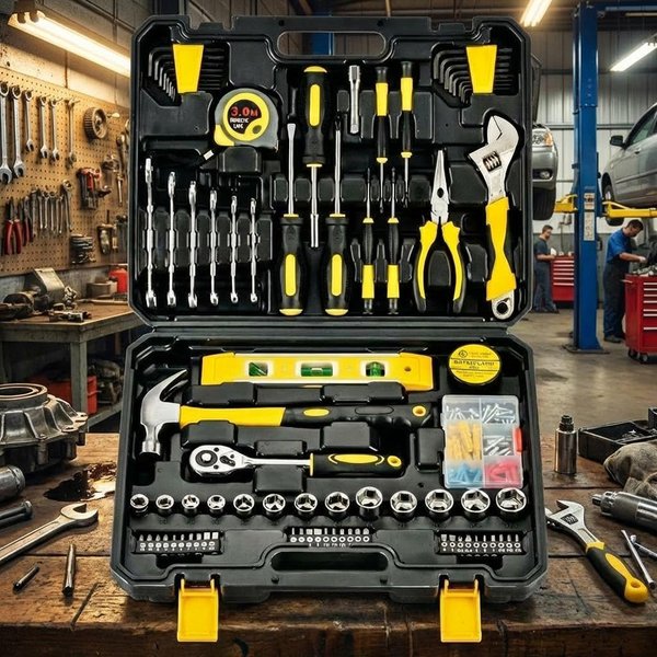 108-teiliges Handwerkzeug-Set Auto- und Heim-Reparatur-Kit Steckschlüssel Schraubenschlüssel Ratschenschlüssel Schraubendreher Tragbares DIY-Mechaniker-Werkzeugset mit Koffer