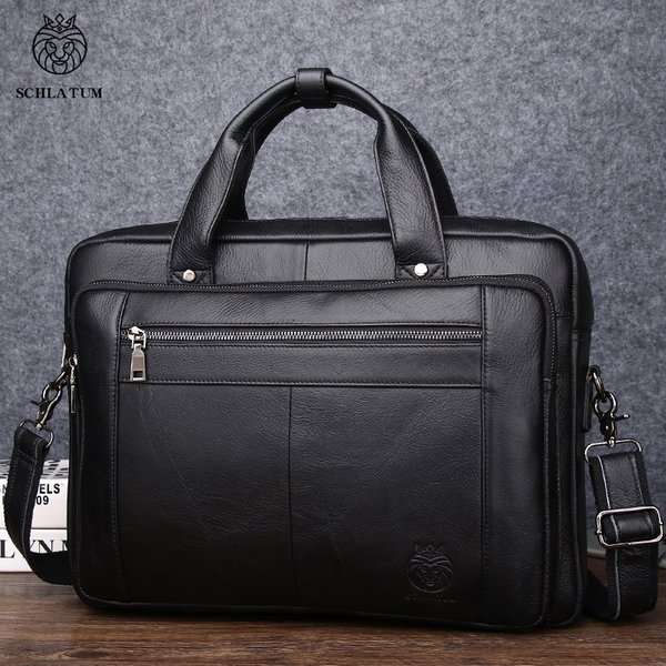 SCHLATUM Sac d'ordinateur de bureau en cuir véritable pour hommes, Porte-documents d'affaires, sacs à main de luxe noirs, Porte-documents pour ordinateur portable, 16"