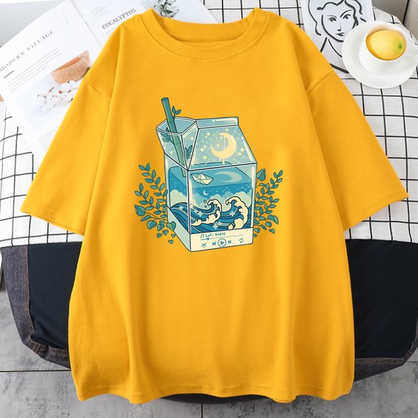 Milk Box Moonlight Waves Prints Man Cotton Clothing Creativity Casual Crewneck T-Shirts All-math Breathable Mens Short Sleeve