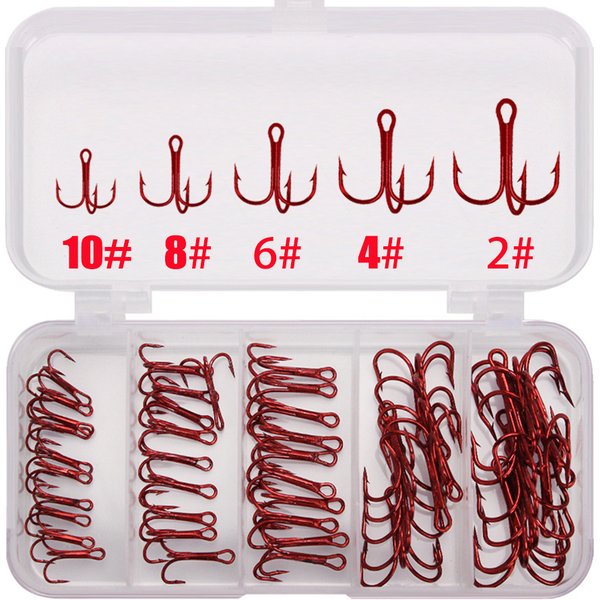 Hameçons triples rouges 50 pièces/boîte Kit d'hameçons de pêche en acier à haute teneur en carbone pour leurres de poisson-chat appâts taille basse # 2 # 4 # 6 # 8 # 10
