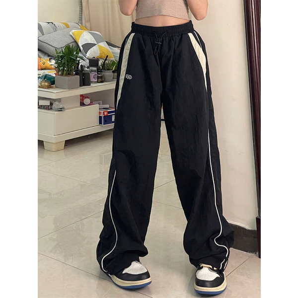 Frauen Frühling Retro Feste Lose Kordelzug Hosen Casual Jogger Baggy Breite Bein Jogginghose Mittlere Taille Sportliche Y2k Weibliche Kleidung