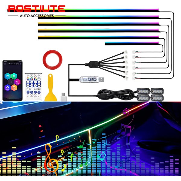 Dynamiczne oświetlenie wnętrza samochodu, pasek RGB, oświetlenie ambientowe z synchronizacją z muzyką, oświetlenie wnętrza samochodu z USB, neonowy pasek na deskę rozdzielczą.