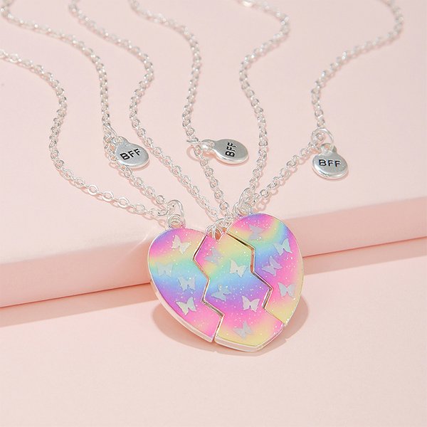 3 pièces/ensemble arc-en-ciel papillon paillettes coeur de pêche pendentif pour 3 filles Besties amitié BFF colliers meilleur ami bijoux cadeaux