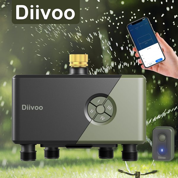 Diivoo Garten-WLAN-Bewässerungstimer 4 Zonen Automatischer Bewässerungstimer Bewässerungssystem-Controller mit Regenverzögerung Manuelle Bewässerung
