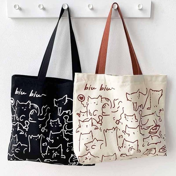 KISMIS Fashion Cartoon Cute Cats Sacs en toile - Sac à main pour femmes et hommes, sac de plage pliable et réutilisable avec fermeture éclair