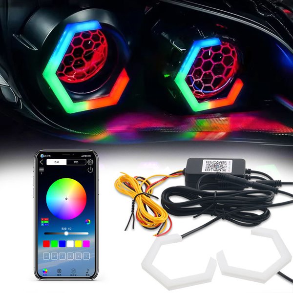 2 Stück LED Angel Eyes RGB APP Bluetooth Sechseckige Halo-Ringe für Auto, Roller, Motorrad mit Blinkerfunktion in Gelb 70MM 80MM 85MM 90MM