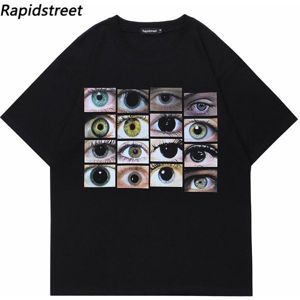 Men Streetwear T Shirt Eyes World Graphic Harajuku Hip Hop T-Shirt Cotton Tshirt Summer Short Sleeve Tops Tees Black Unisex