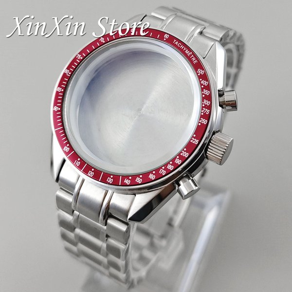 Boîtier Speedmaster VK63 avec lunette rouge de 39,7 mm, compatible avec les mouvements à quartz Omga VK64 VK63, convient aux bracelets en acier de 20 mm, pour cadran de 32,5 mm