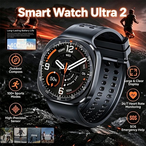 2026 Neue Smartwatch Ultra 2 für Herren, kabelloses Laden, IP68 wasserdicht, Kompass, Bluetooth-Anrufe, Gesundheitsmonitor, Smartwatch 47 mm