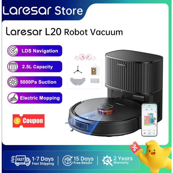 Laresar L20 Aspirateur Robot 5000Pa avec Navigation LDS, Station de Vidage Automatique, Contrôle via Application pour Nettoyage des Sols et Tapis