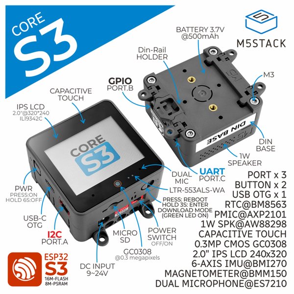 M5Stack Offizielles ESP32-S3 2,0-Zoll-Touch-IPS-Display 0,3MP-Kamera 16MB Flash 8MB PSRAM 2,4GHz Wi-Fi Entwicklungs-Kit CoreS3 mit DinBase